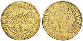 Nürnberg, Stadt. 
Goldgulden o.J. (um 1506-16). Ähnlich wie vorher, jedoch andere Interpunktionen in den lateinisch geschriebenen Legenden. Ke. 5 ode...