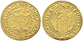 Nürnberg, Stadt. 
Goldgulden 1507. Ähnlich wie vorher, die Legenden gotisch geschrieben, der Heilige nach links blickend und Umschrift SANCTVS [vier ...