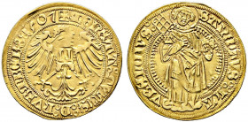 Nürnberg, Stadt. 
Goldgulden 1507. Ähnlich wie vorher, jedoch andere Interpunktion auf dem Revers: SANCTVS [drei Ringel] LA-VRENTIVS [Doppelringel]. ...