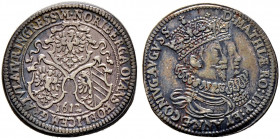 Nürnberg, Stadt. 
Silberabschlag vom Goldgulden 1612. Auf den Einzug von Kaiser Matthias und seiner Gemahlin Anna in Nürnberg. Wie vorher. Ke. 21 Anm...