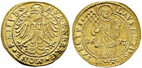 Nürnberg, Stadt. 
Goldgulden 1613. Ein weiteres Exemplar. Ke. 22, Slg. Erl. 296, Fr. 1807. 3,25 g kleine Prüfspur am Rand, leicht gewellt, vorzüglich...