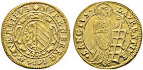 Nürnberg, Stadt. 
Goldgulden 1614. Zweigeteiltes Stadtwappen in ovaler und verzierter Kartusche / St. Laurentius nach rechts blickend und einen große...