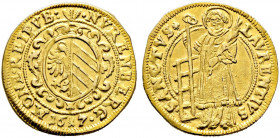 Nürnberg, Stadt. 
Goldgulden 1617 von Hans Putzer (mit Münzmeisterzeichen "drei Ähren"). Ähnlich wie vorher / Nach links blickender Heiliger einen gr...