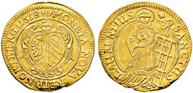 Nürnberg, Stadt. 
Goldgulden 1618 von Hans Putzer. Geflügelter Engel hält zweigeteiltes, herzförmiges Wappen / Nach rechts gewandter, aber nach vorn ...