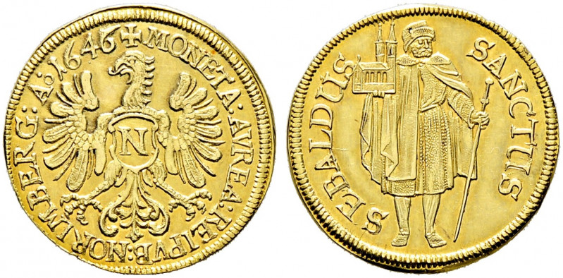 Nürnberg, Stadt. 
Sebaldusgoldgulden 1646 von Georg Nürnberger d.Ä. Nach links ...