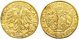 Nürnberg, Stadt. 
Dukat, sogen. Pestdukat 1635 von Georg Nürnberger d.Ä. Ein weiteres Exemplar. Ke. 59, Slg. Erl. 353, Fr. 1827. 3,42 g fast sehr sch...