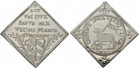 Nürnberg, Stadt. 
Silberabschlag der dreifachen Dukatenklippe 1648. Auf den Westfälischen Frieden. Münzmeister G.F. Nürnberger. Das kleine, dritte St...