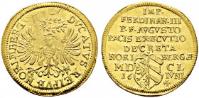 Nürnberg, Stadt. 
Dukat 1650 von G.F. Nürnberger (mit Münzmeisterzeichen). Auf den Friedensexekutionshauptrezeß. Die göttliche Hand setzt dem nach re...