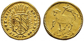Nürnberg, Stadt. 
1/4 Lammdukat 1700. Mit Münzmeistersignatur GFN (Georg Friedrich Nürnberger, 1700-1716). Ähnlich wie vorher. Ke. 93, Slg. Erl. 598,...