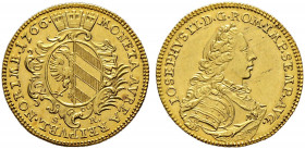Nürnberg, Stadt. 
Dukat 1766 von J.L. Oexlein. Zweigeteiltes Stadtwappen in verzierter, mit Mauerkrone bedeckter Kartusche / Belorbeertes Brustbild K...