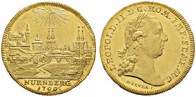 Nürnberg, Stadt. 
Dukat 1790 von Jeremias Paul Werner. Stadtansicht von Westen unter strahlendem Gottesauge / Belorbeerte Büste Kaiser Leopolds II. n...