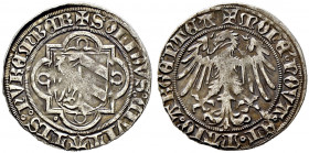 Nürnberg, Stadt. 
Schilling o.J. (1457). Zweigeteiltes Stadtwappen im verzierten Spitzvierpass / Adler nach links blickend. Ke. 107, Slg. Erl. 75. 2,...