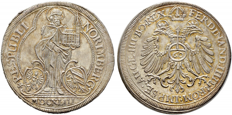 Nürnberg, Stadt. 
Reichsguldiner zu 60 Kreuzer 1643. Der hl. Sebaldus mit Kirch...