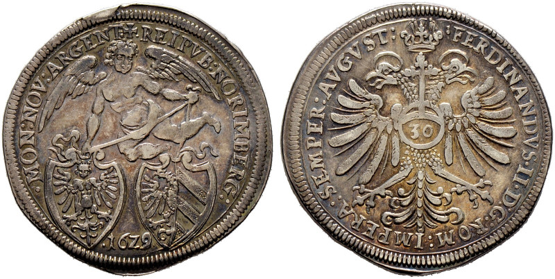 Nürnberg, Stadt. 
1/2 Reichsguldiner zu 30 Kreuzer 1629 (im Stempel aus 1628 ge...