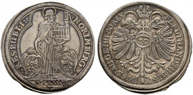 Nürnberg, Stadt. 
1/2 Reichsguldiner zu 30 Kreuzer 1639 (aus 1638 im Stempel geändert). Der hl. Sebaldus mit Kirchenmodell zwischen den beiden Stadts...