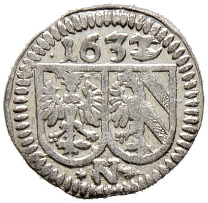 Nürnberg, Stadt. 
Einseitiger Pfennig 1632 (aus 1631 im Stempel geändert). Ke. ...