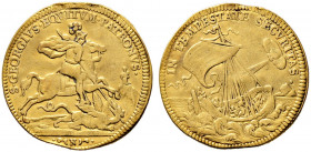 Nürnberg, Stadt. 
Dukatenförmige Goldmedaille, sogen. St. Georgsdukat o.J. von Paul Gottlieb Nürnberger (tätig 1716- 1746). St. Georg im Kampf mit de...