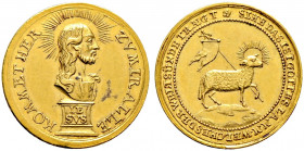 Nürnberg, Stadt. 
Goldmedaille im Dukatengewicht o.J. (2. Hälfte 18. Jh.) unsigniert, auf die Taufe. Strahlende Büste Christi nach rechts auf Podest ...