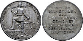Stuttgart, Stadt. 
Medaille aus Kriegsmetall (Zink) 1916 mit Signatur JZ, auf den Stuttgarter Oberleutnant Willy Graf vom Bayerischen Jägerbataillon ...