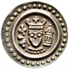 Ulm, königliche Münzstätte. Friedrich II. 1215-1250. 
Brakteat 1220-1250. Gekröntes Brustbild mit geperltem Halsabschnitt zwischen einem Blütenzweig ...