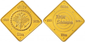 Ulm, Stadt. 
Klippenförmige Goldmedaille 1979 unsigniert, auf das Adlerschießen der Ulmer Schützengilde. 26,5 x 26,5 mm, 7,18 g (333er Gold) Stempelg...