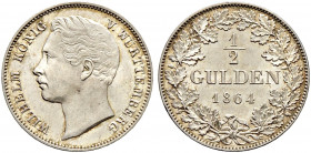 Württemberg. Wilhelm I. 1816-1864. 
1/2 Gulden 1864. KR 109.6. Prachtexemplar mit leichter Tönung, Stempelglanz
