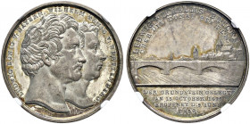 Württemberg. Wilhelm I. 1816-1864. 
Silbermedaille 1832 von Neuss, auf die Eröffnung der Ludwig-Wilhelm-Brücke in Ulm. Köpfe des bayerischen und würt...
