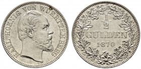 Württemberg. Karl 1864-1891. 
1/2 Gulden 1870. KR 115.4, AKS 127, J. 84. minimale Kratzer, vorzüglich-Stempelglanz