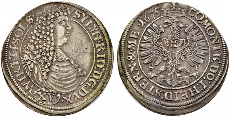 Württemberg-Öls. Sylvius Friedrich 1664-1697. 
15 Kreuzer 1675 -Öls-. Mit Warde...