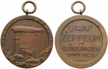 Luftfahrt. 
Tragbare Bronzemedaille 1929 von Mayer und Wilhelm, auf die Landung des "LZ 127" in Böblingen. Luftschiff nach links über Stadtansicht / ...