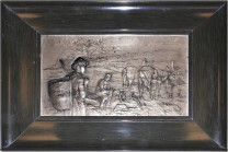Medailleure. Rudolf Meyer 1846-1916. 
Einseitige Bronzegussplakette o.J. (1903) zum Thema "Abendläuten". In einer hügeligen Landschaft liegt im Schei...