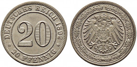 Kleinmünzen. 
20 Pfennig 1892 F. J. 14. seltenes Prachtexemplar, fast Stempelglanz