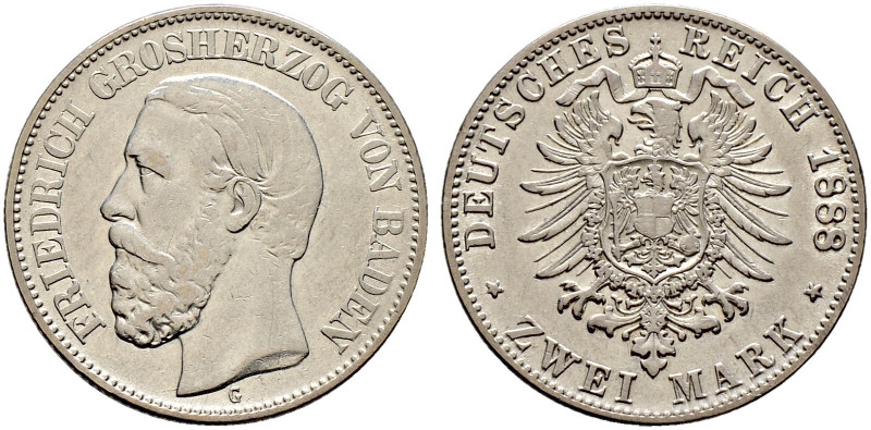 Silbermünzen des Kaiserreiches. BADEN. 
Friedrich I. 1852-1907. 2 Mark 1888 G. ...