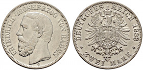 Silbermünzen des Kaiserreiches. BADEN. 
Friedrich I. 1852-1907. 2 Mark 1888 G. J. 26. minimaler Randfehler, fast sehr schön