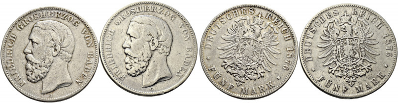 Silbermünzen des Kaiserreiches. BADEN. 
Friedrich I. 1852-1907. Lot (2 Stücke):...
