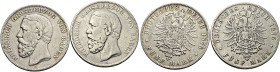 Silbermünzen des Kaiserreiches. BADEN. 
Friedrich I. 1852-1907. Lot (2 Stücke): 5 Mark 1875 G und 1876 G. Jeweils ohne Querstrich im A von BADEN. J. ...