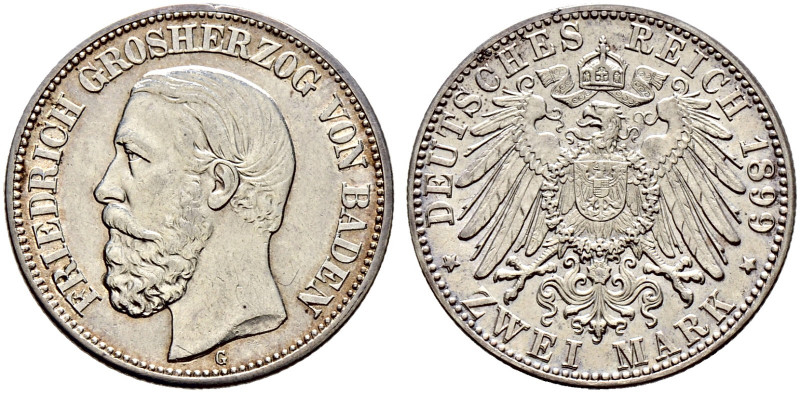 Silbermünzen des Kaiserreiches. BADEN. 
Friedrich I. 1852-1907. 2 Mark 1899 G. ...