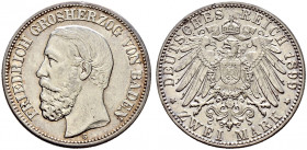 Silbermünzen des Kaiserreiches. BADEN. 
Friedrich I. 1852-1907. 2 Mark 1899 G. J. 28. überdurchschnittliche Erhaltung, vorzüglich/vorzüglich-prägefri...