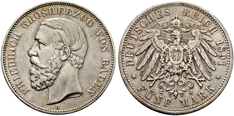 Silbermünzen des Kaiserreiches. BADEN. 
Friedrich I. 1852-1907. 5 Mark 1891 G. ...