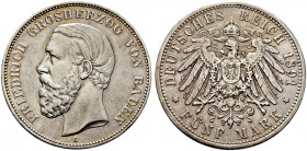 Silbermünzen des Kaiserreiches. BADEN. 
Friedrich I. 1852-1907. 5 Mark 1891 G. Ohne Querstrich im A von BADEN. J. 29F. selten und überdurchschnittlic...
