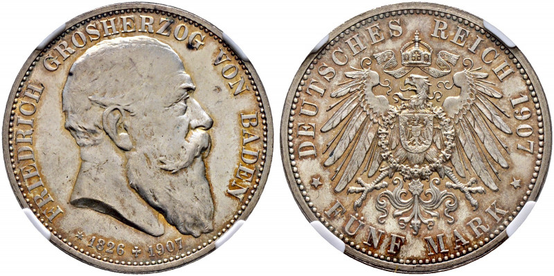 Silbermünzen des Kaiserreiches. BADEN. 
Friedrich I. 1852-1907. 5 Mark 1907. Au...