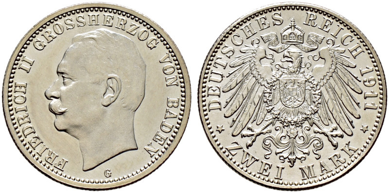 Silbermünzen des Kaiserreiches. BADEN. 
Friedrich II. 1907-1918. 2 Mark 1911 G....