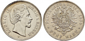 Silbermünzen des Kaiserreiches. BAYERN. 
Ludwig II. 1864-1886. 5 Mark 1876 D. J. 42. überdurchschnittliche Erhaltung, sehr schön-vorzüglich