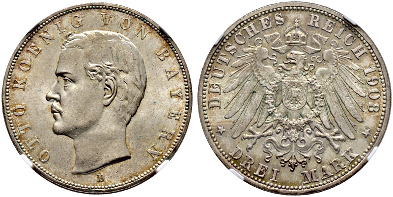 Silbermünzen des Kaiserreiches. BAYERN. 
Otto 1888-1913. 3 Mark 1908 D. J. 47. ...