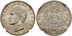 Silbermünzen des Kaiserreiches. BAYERN. 
Otto 1888-1913. 3 Mark 1908 D. J. 47. In Plastikholder der NGC (slabbed) mit der Bewertung MS 65+ fast Stemp...
