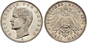 Silbermünzen des Kaiserreiches. BAYERN. 
Otto 1888-1913. 3 Mark 1912 D. J. 47. Polierte Platte-minimal berührt und feinst zaponiert