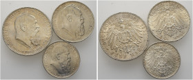 Silbermünzen des Kaiserreiches. BAYERN. 
Luitpold, Prinzregent 1911. 3-tlg. Set, bestehend aus 2 Mark, 3 Mark und 5 Mark 1911 D. 90. Geburtstag. J. 4...