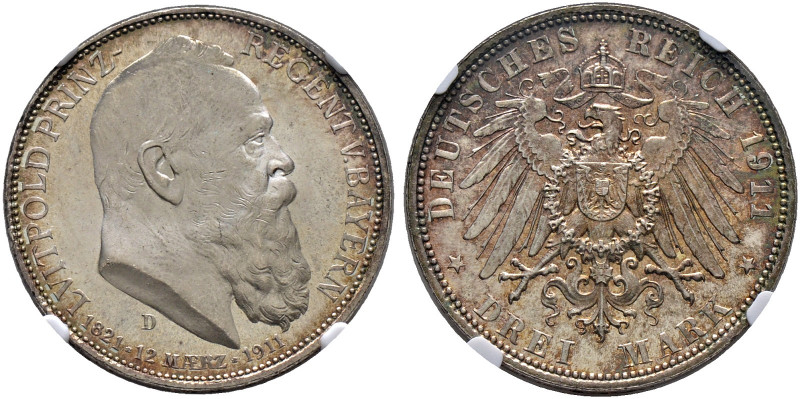 Silbermünzen des Kaiserreiches. BAYERN. 
Luitpold, Prinzregent 1911. 3 Mark 191...