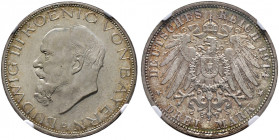 Silbermünzen des Kaiserreiches. BAYERN. 
Ludwig III. 1913-1918. 3 Mark 1914 D. J. 52. In Plastikholder der NGC (slabbed) mit der Bewertung MS 66+ Pra...