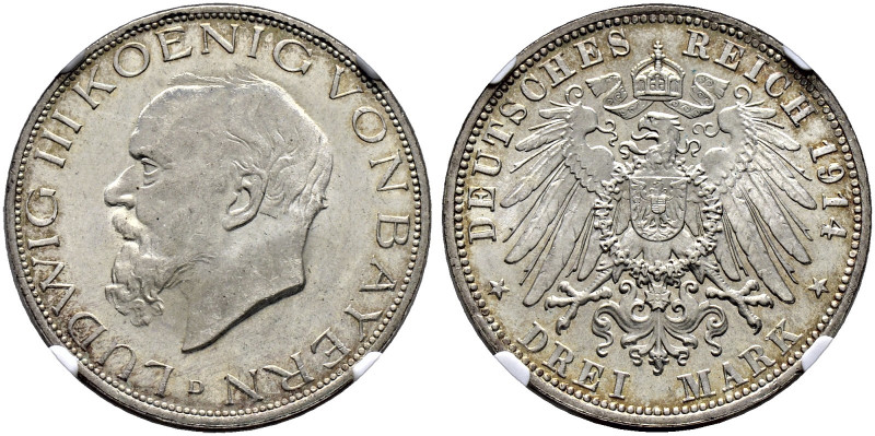 Silbermünzen des Kaiserreiches. BAYERN. 
Ludwig III. 1913-1918. 3 Mark 1914 D. ...